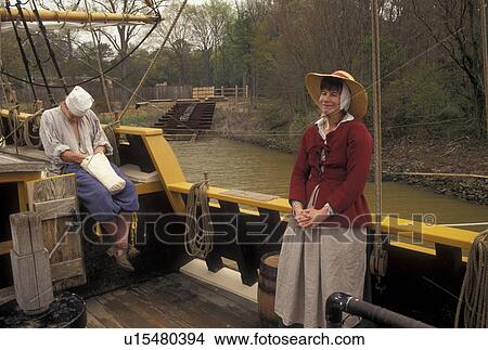 Picture -  Jamestown, Virginia, VA, Colonial National Historical Park, People dressed in 17th-century attire aboard The Godspeed, a full replica of a sailing vessel, docked on the James River at the Jamestown Settlement a living history complex in Jamestown.. Fotosearch