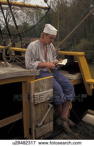 Jamestown, Virginia, VA, Colonial National Historical Park, Man dressed in 17th-century attire aboard The Godspeed, a full replica of a sailing vessel, docked on the James River at the Jamestown Settlement a living history complex in Jamestown. View Large Photo Image Stock Photo -  Jamestown, Virginia, VA, Colonial National Historical Park, Man dressed in 17th-century attire aboard The Godspeed, a full replica of a sailing vessel, docked on the James River at the Jamestown Settlement a living history complex in Jamestown.. Fotosearch