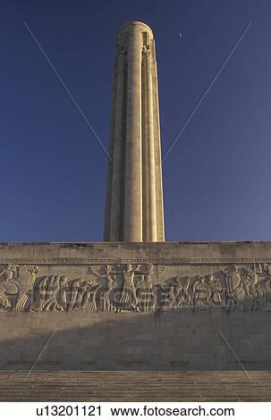 Stock Image -  Kansas City, MO, Missouri, Liberty Memorial Tower and Memorial Wall located in Penn Valley Park in Kansas City. The Memorial Tower is a 217-foot Torch of Liberty observation tower.. Fotosearch