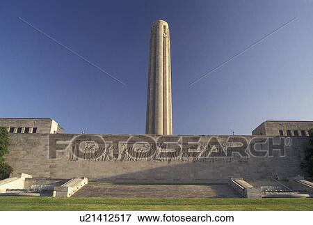 Stock Photo -  Kansas City, MO, Missouri, Liberty Memorial Tower and Memorial Wall located in Penn Valley Park in Kansas City.. Fotosearch