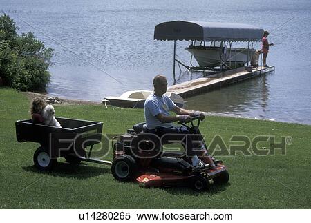 Stock Photography -  lawn mower, girl, grandfather, MN, Minnesota, Alexandria, summer camp, Grandfather mowing the lawn with his 8 year old granddaughter and her pet dog in a trailer behind on Maple Lake in Alexandria in the summer. Mother fishing off the dock with pet dog.. Fotosearch