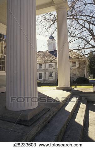 Stock Image -  Lewisburg, WV, West Virginia, Old Stone Presbyterian Church from the front porch of the Memorial Educational Building in Lewisburg.. Fotosearch