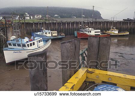 low tide, fishing boats, Bay of Fundy, New Brunswick, Canada, NB, Fishing boats docked at low tide in the harbor of the village of Alma on the Bay of Fundy in New Brunswick. View Large Photo Image Stock Photo - low tide, fishing boats, Bay of Fundy, New Brunswick, Canada, NB, Fishing boats docked at low tide in the harbor of the village of Alma on the Bay of Fundy in New Brunswick.. Fotosearch