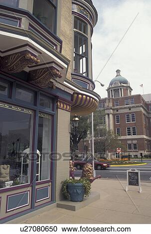 Stock Image -  Macon, GA, Georgia, Shops along the street in downtown Macon.. Fotosearch