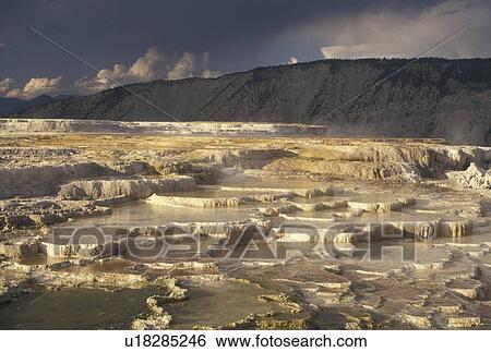 Stock Photograph -  Mammoth Hot Springs, Yellowstone National Park, WY, Wyoming, Canary Springs, a terrace-like formation created by limestone deposits, at Mammoth Hot Springs in Yellowstone Nat'l Park in Wyoming. . Fotosearch