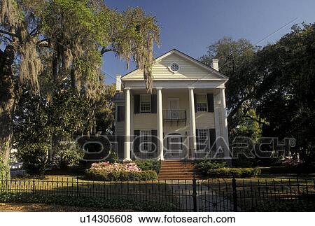Stock Photo -  mansion, Beaufort, South Carolina, antebellum, SC, The John Joyner House in the Historic District in the town of Beaufort in the spring.. Fotosearch