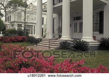 Stock Image -  mansion, New Orleans, Louisiana, Garden District, LA, Greek revival style house with columns at 1407 First Street in the Garden District in New Orleans. Pink azaleas adorn the yard in the spring.. Fotosearch