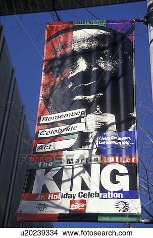 Picture -  Martin Luther King, Jr MLK, Atlanta, Georgia, GA, Martin Luther King Jr. holiday celebration banner in downtown Atlanta. . Fotosearch