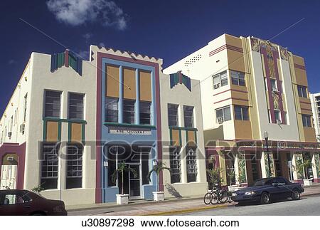 Stock Photo -  Miami Beach, FL, Florida, Miami, Atlantic Ocean, Buildings along Ocean Drive in the Art Deco District in Miami Beach.. Fotosearch
