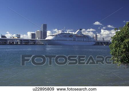 Miami, FL, cruise ship, Florida, Atlantic Ocean, Cruise ship docked at the Port of Miami Biscayne Bay in Miami. View Large Photo Image Stock Photo - Miami, FL, cruise ship, Florida, Atlantic Ocean, Cruise ship docked at the Port of Miami Biscayne Bay in Miami.. Fotosearch