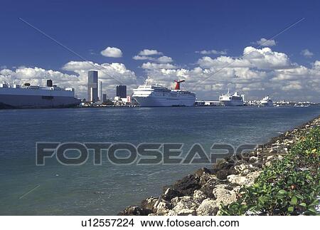 Miami, FL, Florida, Atlantic Ocean, Cruise ships docked at the Port of Miami Biscayne Bay in Miami. View Large Photo Image Picture - Miami, FL, Florida, Atlantic Ocean, Cruise ships docked at the Port of Miami Biscayne Bay in Miami.. Fotosearch
