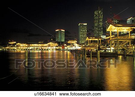 Miami, FL, Florida, Atlantic Ocean, Bayside Marketplace on Biscayne Bay in the evening in Miami. View Large Photo Image Stock Image - Miami, FL, Florida, Atlantic Ocean, Bayside Marketplace on Biscayne Bay in the evening in Miami.. Fotosearch