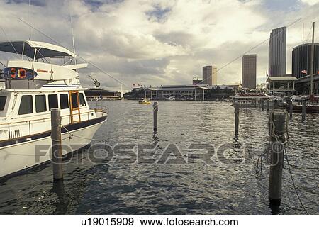 Miami, FL, Florida, Atlantic Ocean, Bayside Marketplace, a shopping, dining, entertainment mecca, on Biscayne Bay and skyline of downtown Miami. View Large Photo Image Stock Photo - Miami, FL, Florida, Atlantic Ocean, Bayside Marketplace, a shopping, dining, entertainment mecca, on Biscayne Bay and skyline of downtown Miami.. Fotosearch