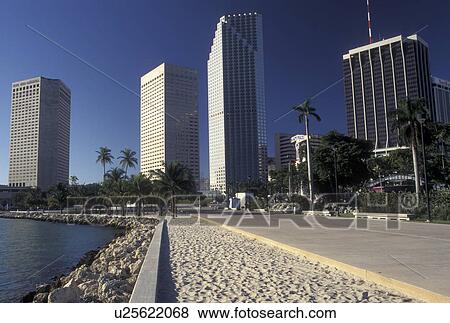 Miami, FL, Florida, Atlantic Ocean, High rise buildings from Bayfront Park along Biscayne Bay in downtown Miami. View Large Photo Image Stock Photo - Miami, FL, Florida, Atlantic Ocean, High rise buildings from Bayfront Park along Biscayne Bay in downtown Miami.. Fotosearch