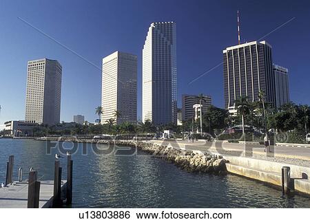 Miami, FL, Florida, Atlantic Ocean, High rise buildings from Bayfront Park along Biscayne Bay in downtown Miami. View Large Photo Image Stock Photograph - Miami, FL, Florida, Atlantic Ocean, High rise buildings from Bayfront Park along Biscayne Bay in downtown Miami.. Fotosearch