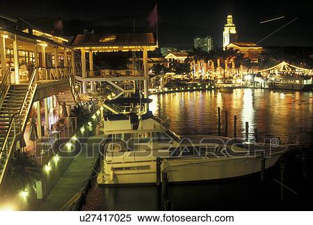 Stock Photography -  Miami, FL, Florida, Atlantic Ocean, Bayside Marketplace, a shopping, dining, entertainment mecca, on Biscayne Bay in the evening in Miami.. Fotosearch