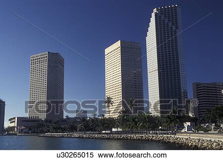 Stock Photography -  Miami, FL, Florida, Atlantic Ocean, High rise buildings from Bayfront Park along Biscayne Bay in downtown Miami.. Fotosearch