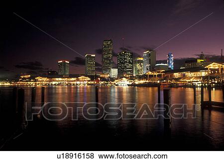 Miami, FL, skyline, Florida, Atlantic Ocean, Skyline of downtown Miami from Bayside on Biscayne Bay in the evening. View Large Photo Image Stock Photo - Miami, FL, skyline, Florida, Atlantic Ocean, Skyline of downtown Miami from Bayside on Biscayne Bay in the evening.. Fotosearch