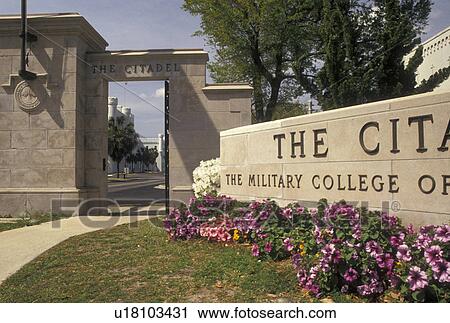Stock Image -  military college, The Citadel, Charleston, South Carolina, SC, Entrance to The Citadel, The Military College of South Carolina in Charleston in the spring.. Fotosearch