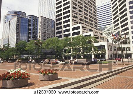 Stock Image -  Minneapolis, MN, Minnesota, Twin Cities, City plaza surrounded by tall buildings in downtown Minneapolis.. Fotosearch