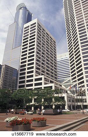 Stock Photo -  Minneapolis, MN, Minnesota, Twin Cities, City plaza surrounded by tall buildings in downtown Minneapolis.. Fotosearch