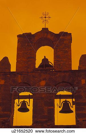 Stock Image -  mission, bells, steeple, San Antonia, TX, Texas, Mission San Francisci de la Espada at San Antonio Missions National Historical Park.. Fotosearch