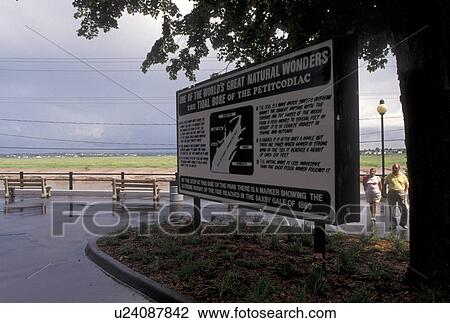 Stock Image -  Moncton, tidal wave, New Brunswick, NB, Canada, A large sign along the Petitcodiac River gives information of The Tidal Bore of the Petitcodiac in the town of Moncton in New Brunswick.. Fotosearch