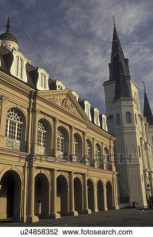 New Orleans, church, Saint Louis Cathedral, French Quarter, Louisiana, LA, St. Louis Cathedral and Cabildo along Chartres Street in the French Quarter of New Orleans. View Large Photo Image Stock Image - New Orleans, church, Saint Louis Cathedral, French Quarter, Louisiana, LA, St. Louis Cathedral and Cabildo along Chartres Street in the French Quarter of New Orleans. . Fotosearch