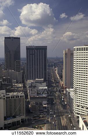 Stock Image -  New Orleans, Louisiana, LA, Aerial view of downtown New Orleans on Canal Street.. Fotosearch