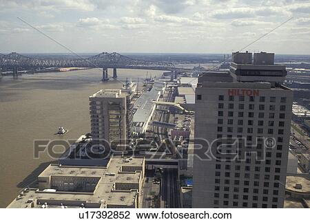 New Orleans, Louisiana, LA, Aerial view of the Hilton Hotel and downtown New Orleans along the Mississippi River. View Large Photo Image Stock Image - New Orleans, Louisiana, LA, Aerial view of the Hilton Hotel and downtown New Orleans along the Mississippi River.. Fotosearch