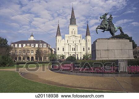 New Orleans, St. Louis Cathedral, LA, French Quarter, Louisiana, Equestrian statue of Andrew Jackson outside Saint Louis Cathedral at Jackson Square in New Orleans. View Large Photo Image Stock Photo - New Orleans, St. Louis Cathedral, LA, French Quarter, Louisiana, Equestrian statue of Andrew Jackson outside Saint Louis Cathedral at Jackson Square in New Orleans. . Fotosearch