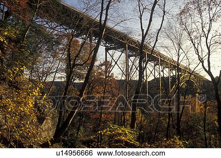 Stock Photograph -  New River Gorge, WV, fall foliage, bridge, West Virginia, New River Gorge Bridge, the world's longest steel-arch span bridge, crosses the New River at the New River Gorge National River in Fayetteville in autumn.. Fotosearch