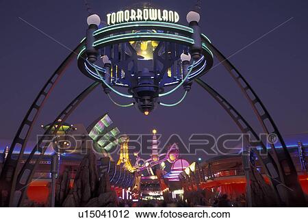 Orlando, Disney World, Florida, FL, Magic Kingdom, Tomorrowland, Lake Buena Vista, Tomorrowland illuminated at night in the Magic Kingdom at Walt Disney World in Lake Buena Vista. View Large Photo Image Stock Image - Orlando, Disney World, Florida, FL, Magic Kingdom, Tomorrowland, Lake Buena Vista, Tomorrowland illuminated at night in the Magic Kingdom at Walt Disney World in Lake Buena Vista. . Fotosearch