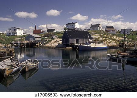 Stock Image -  Peggy's Cove, fishing boats, fishing village, Nova Scotia, NS, Canada, Atlantic Ocean, Scenic view of the fishing village of Peggy's Cove in Nova Scotia. . Fotosearch