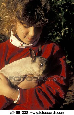 Stock Photo -  rabbit, girl, Young nine year old girl with red sweatshirt holds her Netherland Dwarf bunny in her arms in Atlanta, GA.. Fotosearch