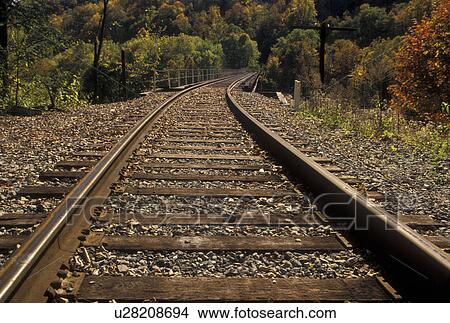 Picture -  railroad, tracks, New River Gorge, WV, West Virginia, Railroad tracks over New River in autumn.. Fotosearch