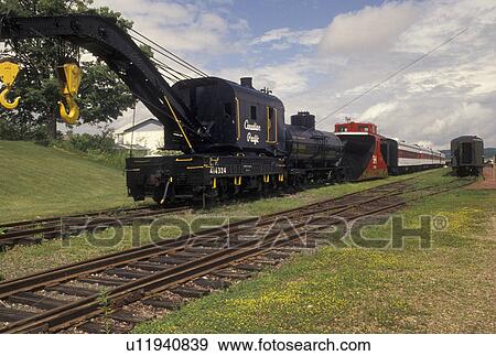 Stock Photo -  railroad, train, New Brunswick, Hillsborough, NB, Canada, Trains displayed at Salem and Hillsborough Railroad and Museum in the town of Hillsborough in New Brunswick.. Fotosearch