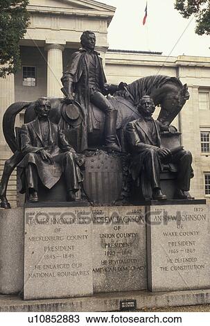Stock Image -  Raleigh, NC, North Carolina, Presidential Memorial of James Polk, Andrew Jackson, and Andrew Johnson outside the North Carolina State Capitol in Raleigh.. Fotosearch