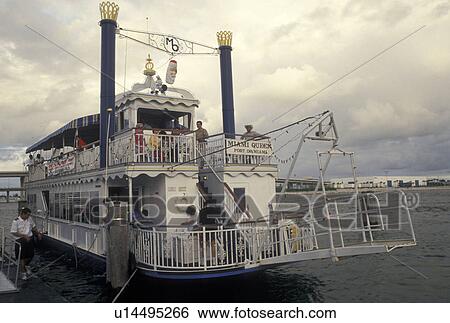 riverboat, Miami, FL, Florida, Atlantic Ocean, Miami Queen Sightseeing Cruise docked at Bayfront Park on Biscayne Bay in Miami. View Large Photo Image Stock Photograph - riverboat, Miami, FL, Florida, Atlantic Ocean, Miami Queen Sightseeing Cruise docked at Bayfront Park on Biscayne Bay in Miami.. Fotosearch