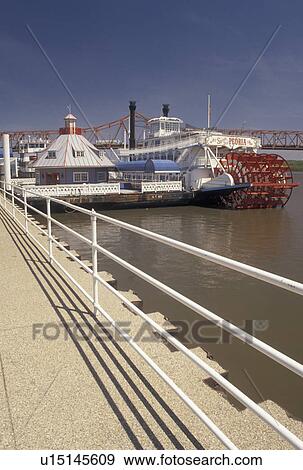 Stock Photo -  riverboat, Peoria, IL, Illinois, Riverboat docked at Riverfront Park along the Illinois River in Peoria.. Fotosearch
