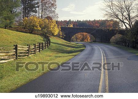 Stock Image -  road, Blue Ridge Parkway, bridge, VA, Virginia, Scenic Blue Ridge Parkway passes under a stone bridge in autumn in Virginia.. Fotosearch