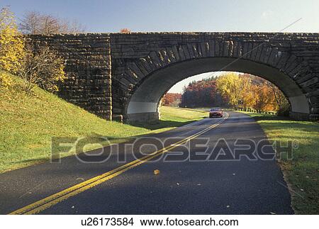 Picture -  road, bridge, Blue Ridge, VA, Virginia, Scenic Blue Ridge Parkway passes under a stone bridge in autumn in Virginia.. Fotosearch