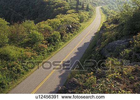 Stock Image -  road, NC, Blue Ridge Parkway, North Carolina, The Blue Ridge Parkway is a scenic drive through the mountains in North Carolina.. Fotosearch
