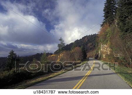 Stock Photo -  road, NC, Blue Ridge Parkway, North Carolina, Blue Ridge, The scenic Blue Ridge Parkway in the fall in North Carolina.. Fotosearch