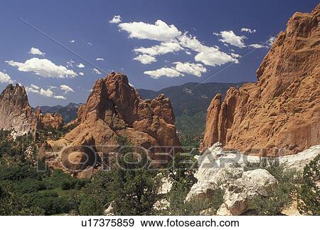 Stock Photo -  rock formations, Garden of the Gods, CO, Colorado Springs, Colorado, Scenic view of the red and white sandstone rock formations in the Garden of the Gods in Colorado Springs.. Fotosearch