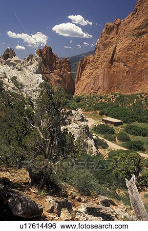 Stock Photograph -  rock formations, Garden of the Gods, Colorado Springs, CO, Colorado, Scenic view of the red and white sandstone rock formations in the Garden of the Gods in Colorado Springs.. Fotosearch