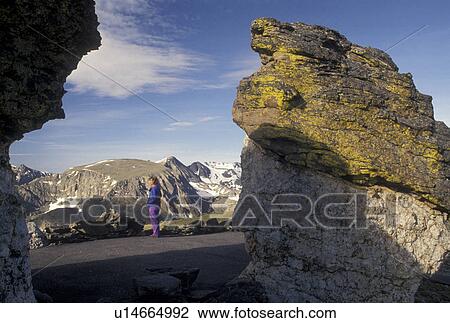 Stock Image -  Rocky Mountains, CO, Colorado, Woman a scenic overlook on Tundra Nature Trail in Rocky Mountain National Park.. Fotosearch