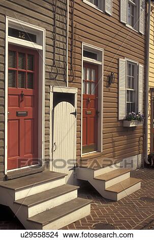 Picture -  row house, Annapolis, MD, Maryland, Row houses along First Street in downtown Annapolis. Close-up of doors.. Fotosearch