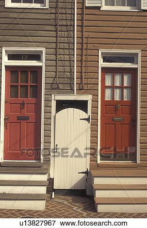 Stock Photo -  row house, Annapolis, MD, Maryland, Row houses along First Street in downtown Annapolis. Close-up of doors.. Fotosearch