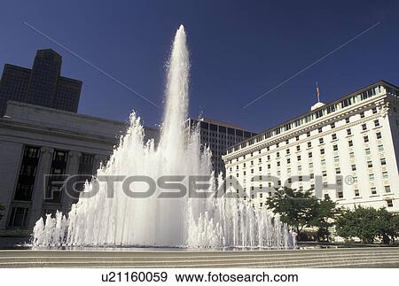 Stock Photo -  Salt Lake City, UT, skyline, Utah, Fountain in downtown Salt Lake City. . Fotosearch